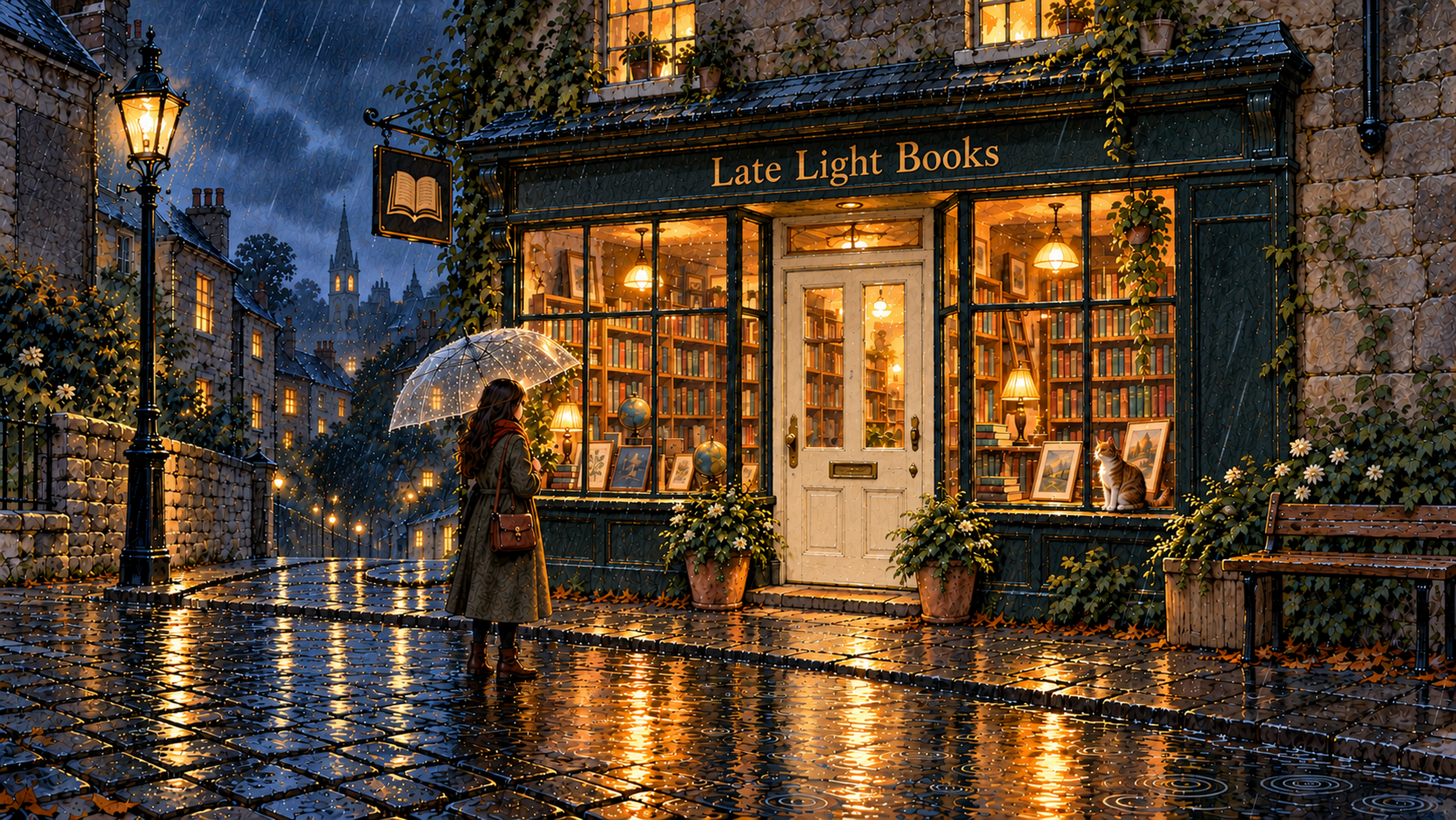 Hand-drawn illustration of a little bookshop on a quiet rainy night. A person stands slightly to the right under a transparent umbrella, leaving the entrance clear beside the warmly lit shop with its creamy white door. A cat sits by the window, two potted plants flank the entrance, with individually drawn leaves. Detailed book spines glow inside, raindrops bead on the clear umbrella, and warm glass and pavement reflections fade into the darker foreground.